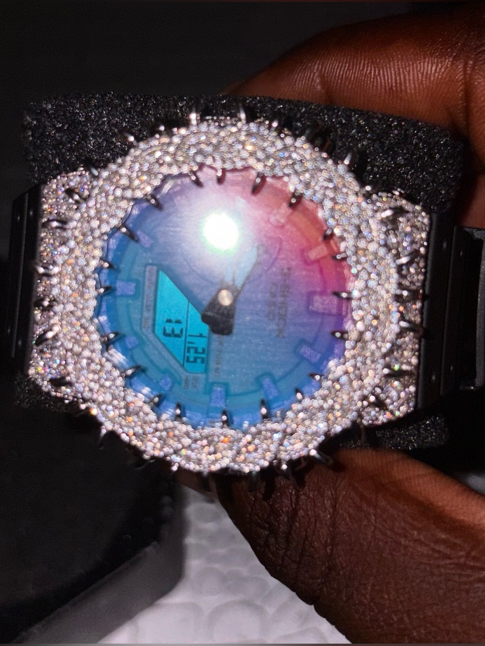 G-Shock Black Watch with Blue-Purple Gradient Dial and Rhinestone Bezel